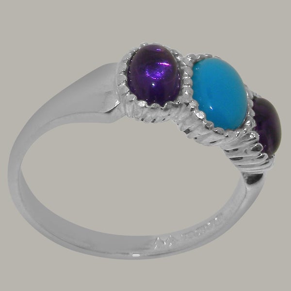 White Gold Natural Turquoise Amethyst Womens Trilogy Ring - Full 18k UK Hallmark Carousel 2