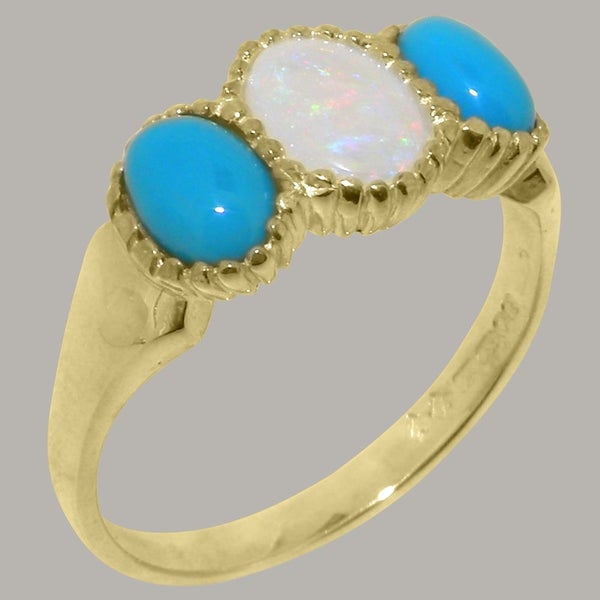 Gold Natural Opal & Turquoise Womens Trilogy Ring - Full 18k UK Hallmark Carousel 1