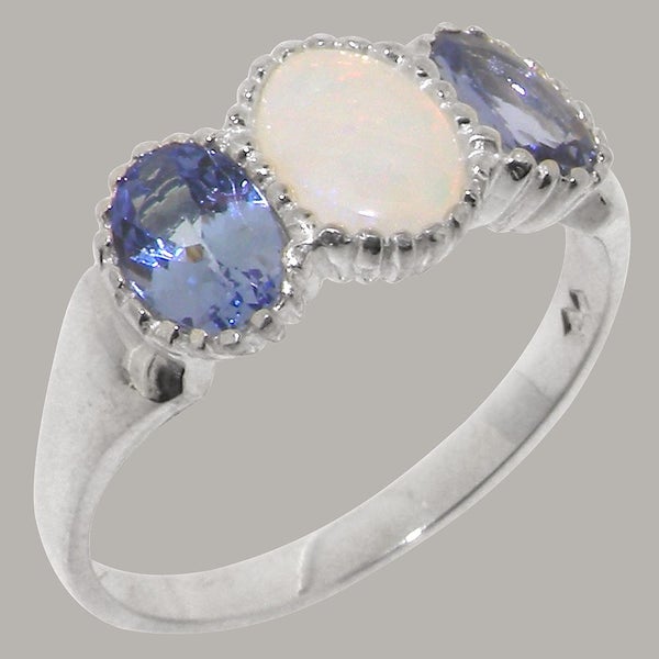 White Gold Natural Opal & Tanzanite Womens Trilogy Ring - Full 14k UK Hallmark Carousel 1