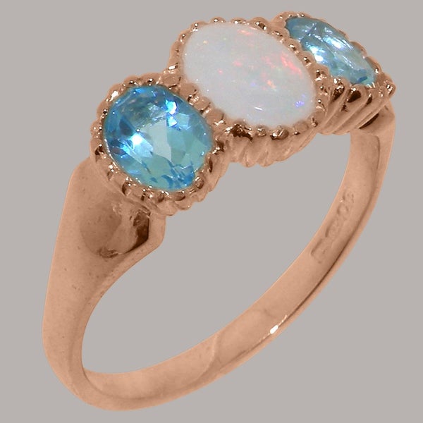 Rose Gold Natural Opal & Blue Topaz Womens Trilogy Ring - Full 14k UK Hallmark Carousel 1