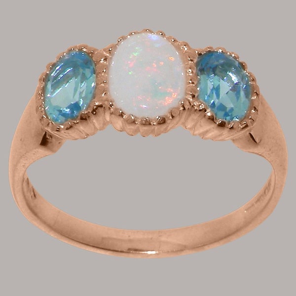 Rose Gold Natural Opal & Blue Topaz Womens Trilogy Ring - Full 14k UK Hallmark Carousel 2