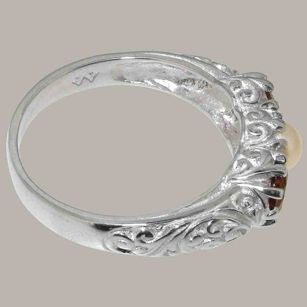 White Gold Pearl & Garnet Womens Trilogy Ring - Full 14k UK Hallmark Carousel 2