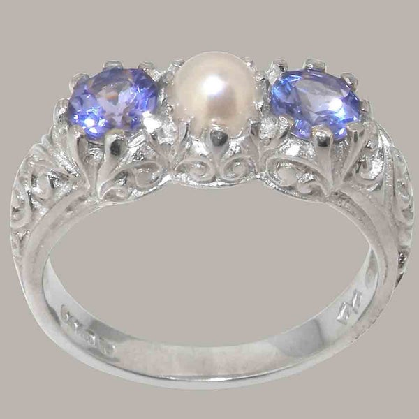 Sterling Silver Pearl & Tanzanite Womens Trilogy Ring - Full 925 UK Hallmark Carousel 1