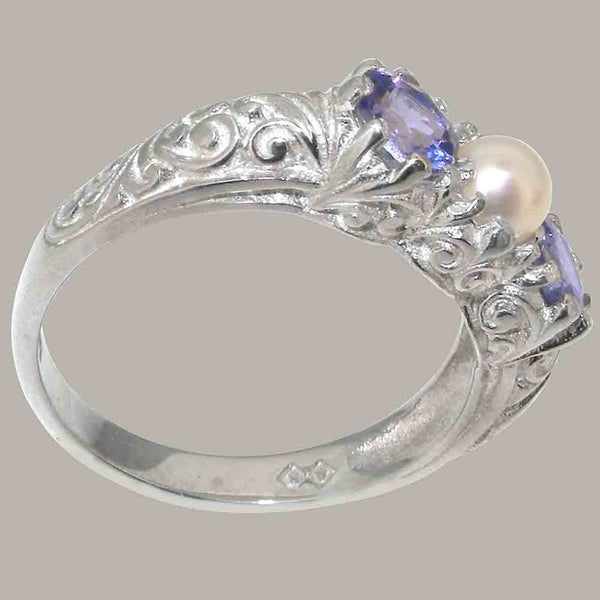 Sterling Silver Pearl & Tanzanite Womens Trilogy Ring - Full 925 UK Hallmark Carousel 2