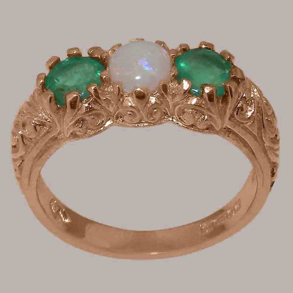 Rose Gold Natural Opal & Emerald Womens Trilogy Ring - Full 14k UK Hallmark Carousel 1