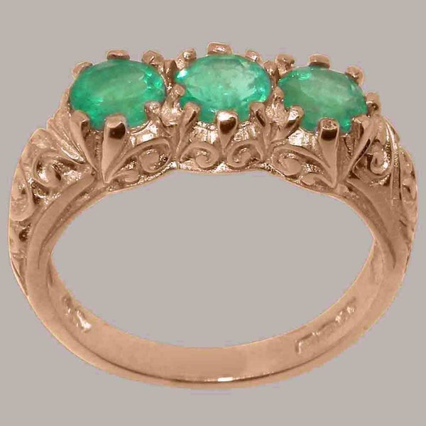 Rose Gold Natural Emerald Womens Trilogy Ring - Full 14ct Gold UK Hallmark Carousel 1