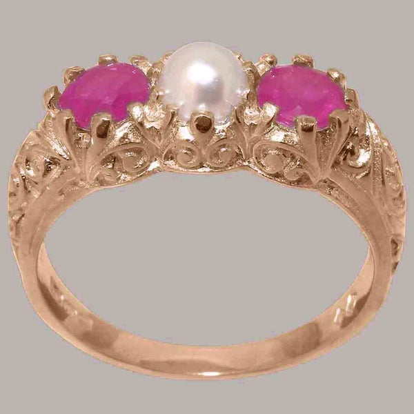 Rose Gold Pearl & Ruby Womens Trilogy Ring - Full 18k UK Hallmark Carousel 1