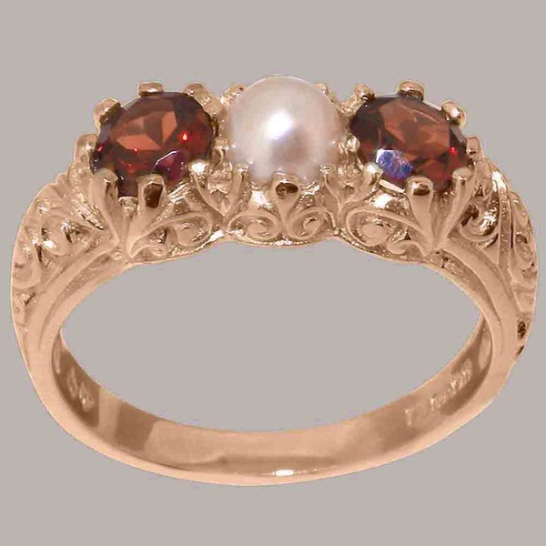 Rose Gold Pearl & Garnet Womens Trilogy Ring - Full 18k UK Hallmark Carousel 1