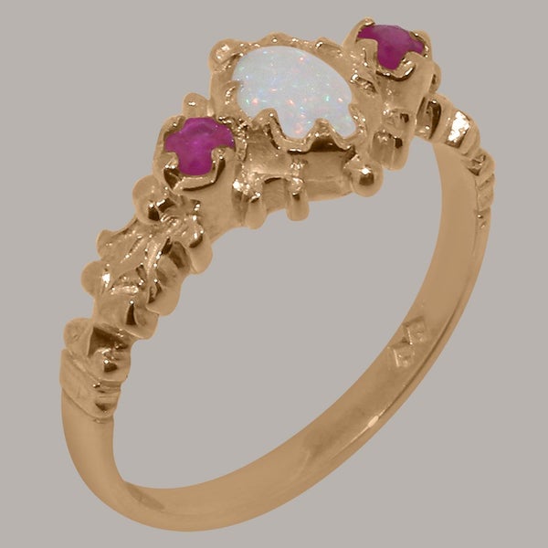 Rose Gold Natural Opal & Ruby Womens Trilogy Ring - Full 18k UK Hallmark Carousel 1