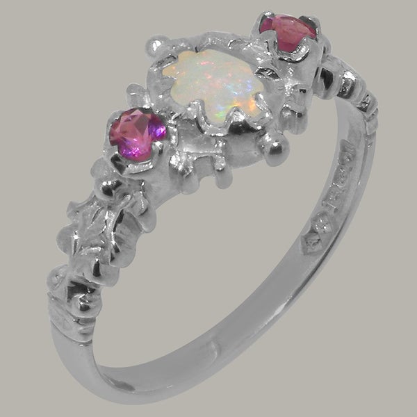 White Gold Natural Opal & Pink Tourmaline Womens Trilogy Ring - Full UK Hallmark Carousel 1
