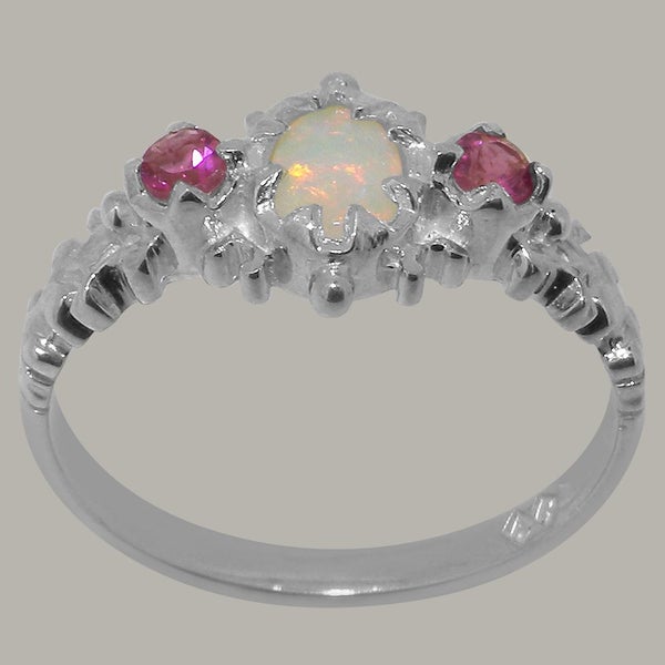 White Gold Natural Opal & Pink Tourmaline Womens Trilogy Ring - Full UK Hallmark Carousel 2