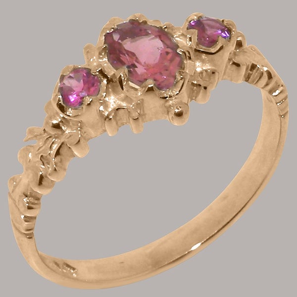 Rose Gold Natural Pink Tourmaline Womens Trilogy Ring - Full Gold UK Hallmark Carousel 1