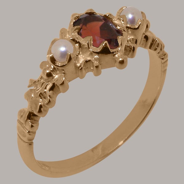 Rose Gold Natural Garnet & Pearl Womens Trilogy Ring - Full 9ct UK Hallmark Carousel 1