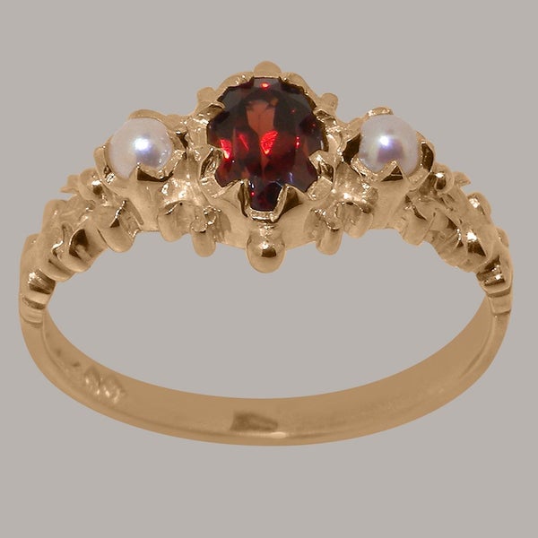 Rose Gold Natural Garnet & Pearl Womens Trilogy Ring - Full 9ct UK Hallmark Carousel 2