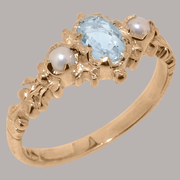 Rose Gold Natural Aquamarine & Pearl Womens Trilogy Ring - Full 18k UK Hallmark Carousel 1
