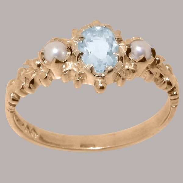 Rose Gold Natural Aquamarine & Pearl Womens Trilogy Ring - Full 18k UK Hallmark Carousel 2