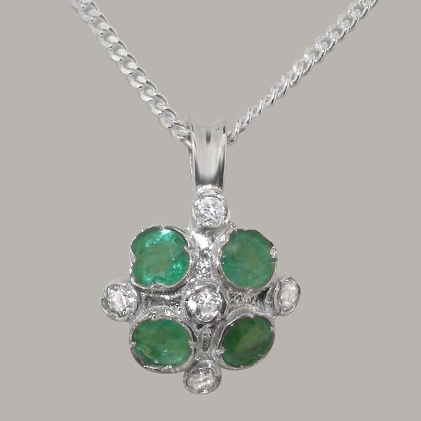 White Gold Natural Diamond Emerald Womens Vintage Pendant - Full UK Hallmark Carousel 1