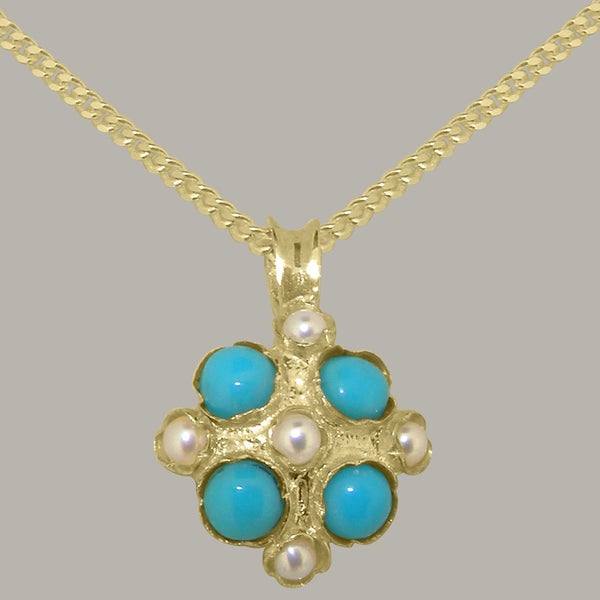 Gold Pearl & Turquoise Womens Vintage Pendant - Full 18k UK Hallmark Carousel 1