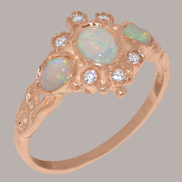 Rose Gold Natural Opal Cubic Zirconia Womens Trilogy Ring - Full 14k UK Hallmark Carousel 1