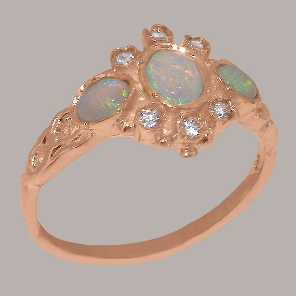 Rose Gold Natural Opal Cubic Zirconia Womens Trilogy Ring - Full 14k UK Hallmark Carousel 2
