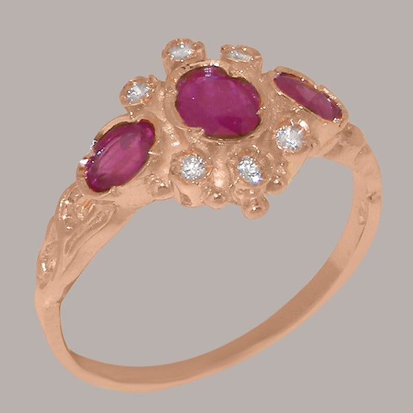 Rose Gold Natural Ruby & Diamond Womens Trilogy Ring - Full 18k UK Hallmark Carousel 1