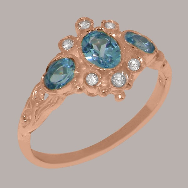 Rose Gold Natural Blue Topaz Diamond Womens Trilogy Ring - Full 9ct UK Hallmark Carousel 1