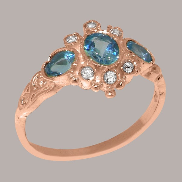 Rose Gold Natural Blue Topaz Diamond Womens Trilogy Ring - Full 9ct UK Hallmark Carousel 2