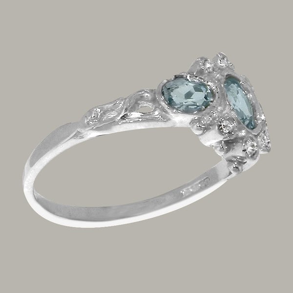 White Gold Natural Aquamarine Cubic Zirconia Trilogy Ring - Full UK Hallmark Carousel 2