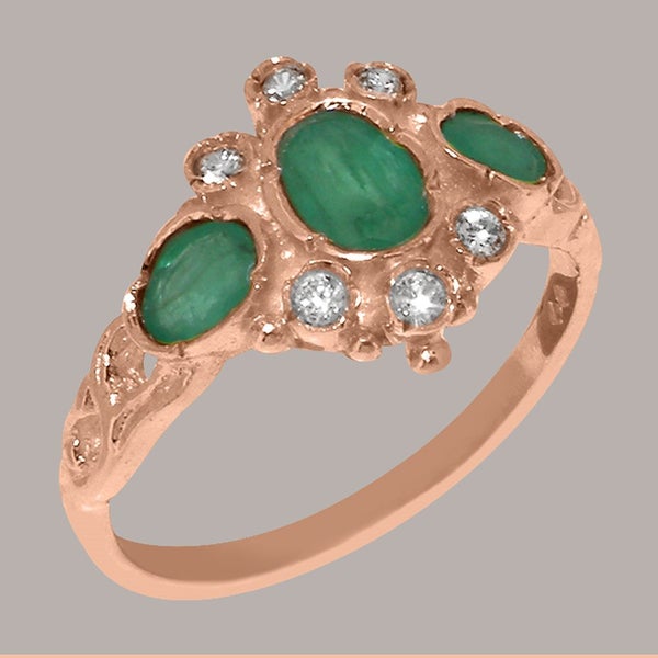 Rose Gold Natural Emerald & Diamond Womens Trilogy Ring - Full 18k UK Hallmark Carousel 1