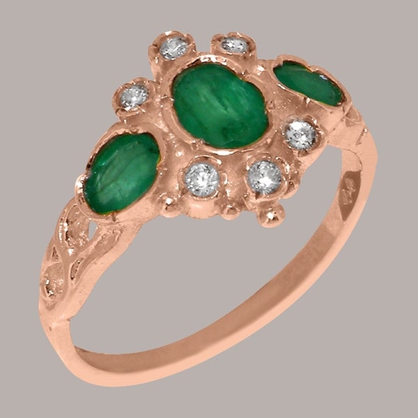 Rose Gold Natural Emerald & Diamond Womens Trilogy Ring - Full 18k UK Hallmark Carousel 2