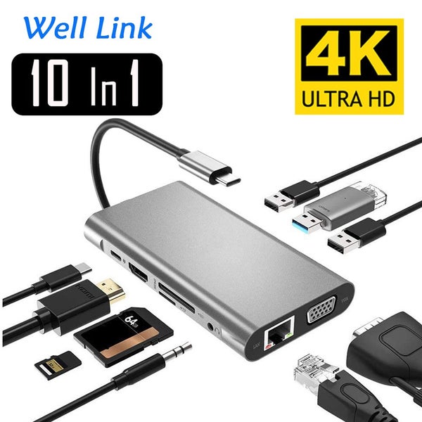 USB Type C Hub Type-C HDMI 4K VGA Adapter RJ45 Lan Ethernet 3.5mm Jack Audio SD Carousel 1