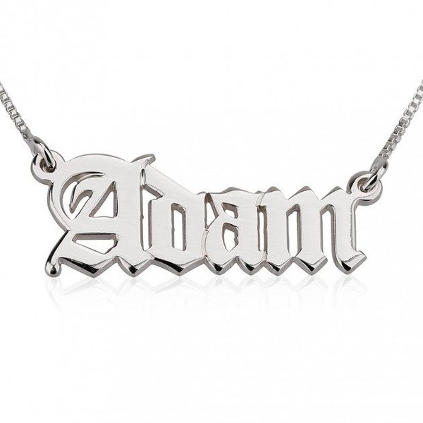 Sterling Silver or Gold Plated Gothic Old English Name Necklace - 2 Sizes! Carousel 1