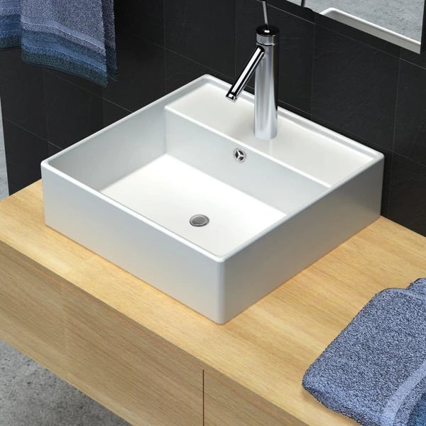 vidaXL Ceramic Basin Square with Overflow and Faucet Hole 41 x 41 cm Carousel 1