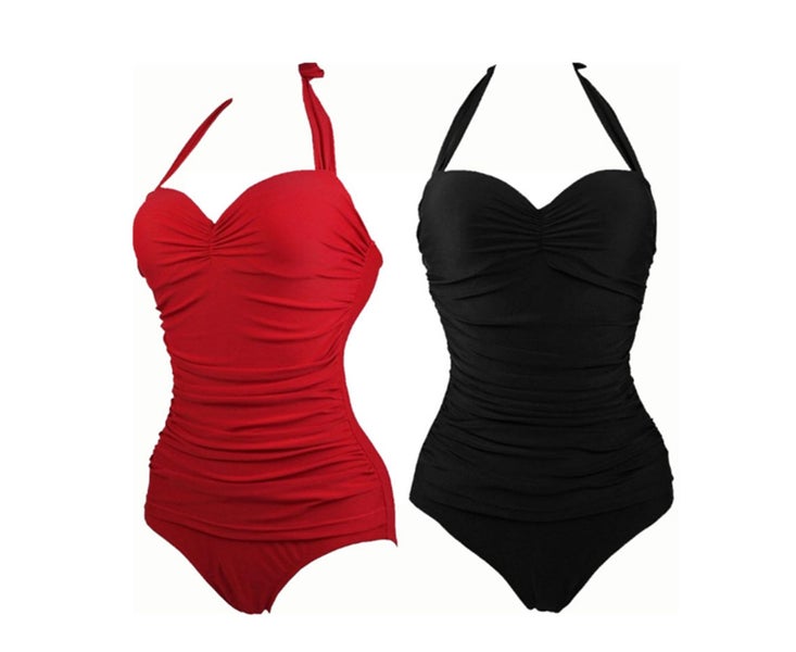 Vintage Halter Swimsuit Monokini One Piece Swimwear Bathing Suits-GREY-3XL Carousel 2