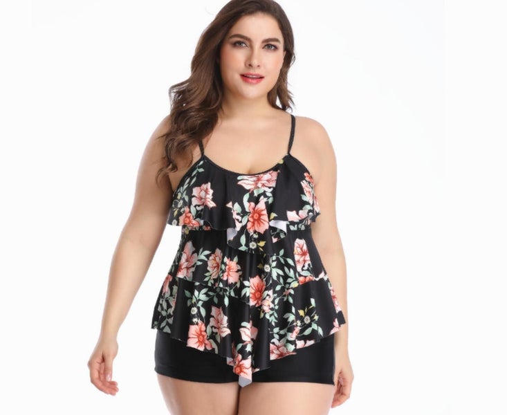 Swimsuit Lotus Edge Printed Bikini Large Size Split Swimsuit-BLACK-2XL Carousel 1