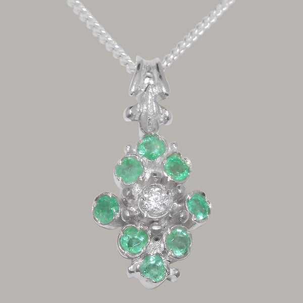 Sterling Silver Natural Diamond & Emerald Womens Pendant & Chain Carousel 1