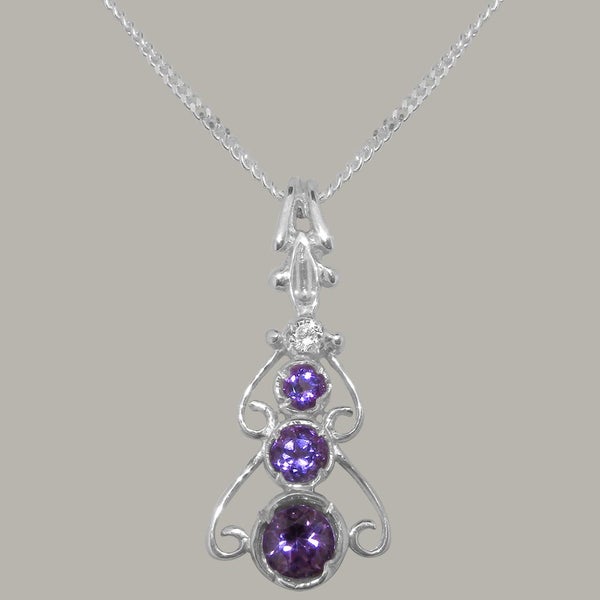 White Gold Natural Amethyst & Diamond Womens Bohemian Pendant & Chain Carousel 1