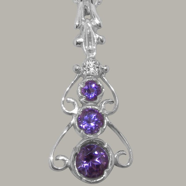 White Gold Natural Amethyst & Diamond Womens Bohemian Pendant & Chain Carousel 2
