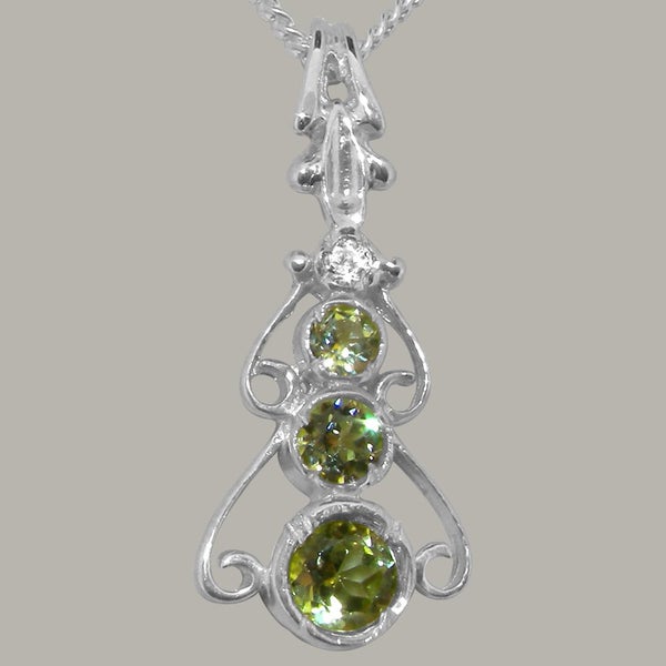 White Gold Natural Peridot & Cubic Zirconia Womens Bohemian Pendant & Chain Carousel 2