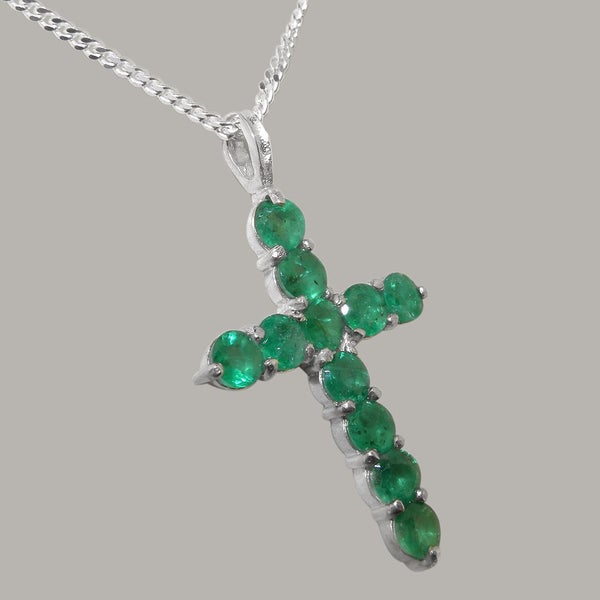 White Gold Natural Emerald Womens Cross Pendant & Chain Carousel 1