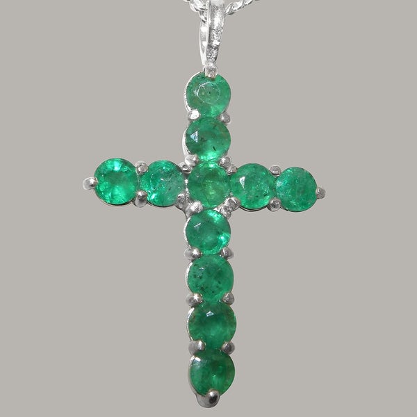 White Gold Natural Emerald Womens Cross Pendant & Chain Carousel 2