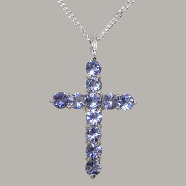 White Gold Natural Tanzanite Womens Cross Pendant & Chain Carousel 2