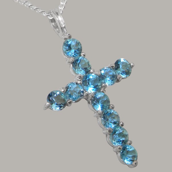 White Gold Natural Blue Topaz Womens Cross Pendant & Chain Carousel 1