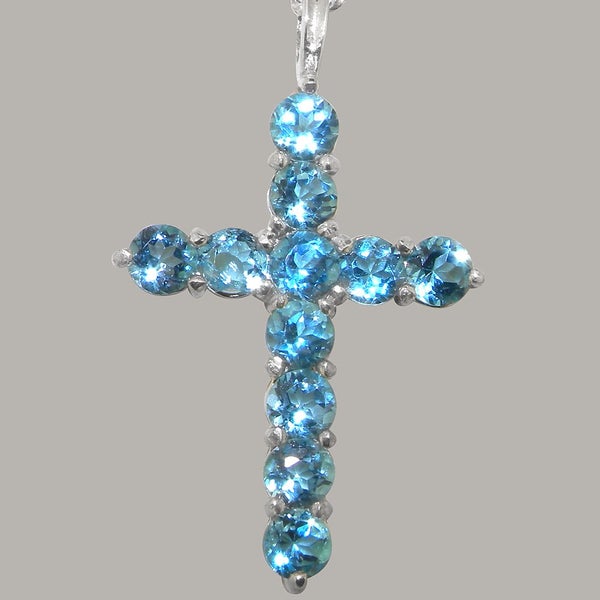White Gold Natural Blue Topaz Womens Cross Pendant & Chain Carousel 2