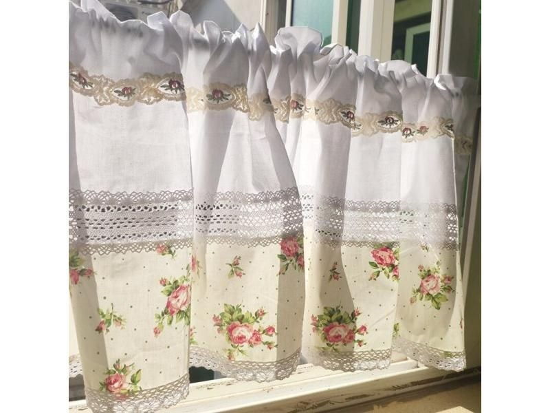 Cotton Thread Lace Short Curtain Beige Printed Fabric Cabinet Curtain Decorated Carousel 1
