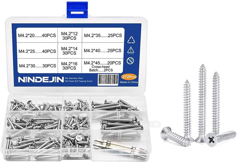 NINDEJIN 276 pcs Flat head self tapping stainless steel screws M4 Carousel 2