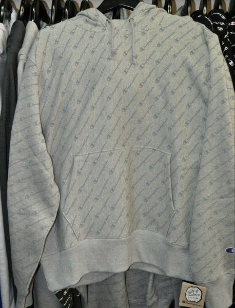 Champion Reverse Weave Grey Script All-Over Hoodie Pullover Jersey Carousel 1
