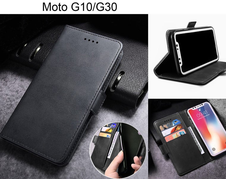 MOTO G10/G30 case leather wallet slim cow hide finish side magnet blk Carousel 1