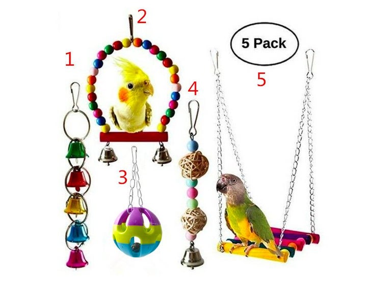 5 Pieces Bird Toys Multi functions Parrot Cage Bells Swing Chewing Swing Toys Carousel 1