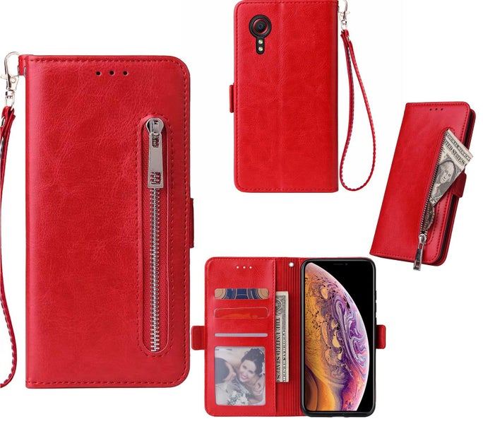 Samsung Galaxy Xcover 5 PU leather wallet case card slots zip side magnet red Carousel 1